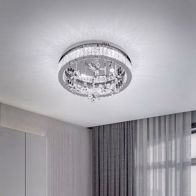 Komore Silver LED Crystal Ring Pendant Light with Stainless Steel Finish, Diameter: 23 cm
