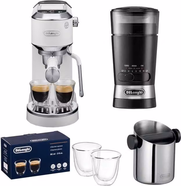 De'Longhi Dedica Duo Coffee Machine with Cold Brew Function and Steam Wand in White, including Coffee Beans, Knock Box, Grinder and Latte Glasses