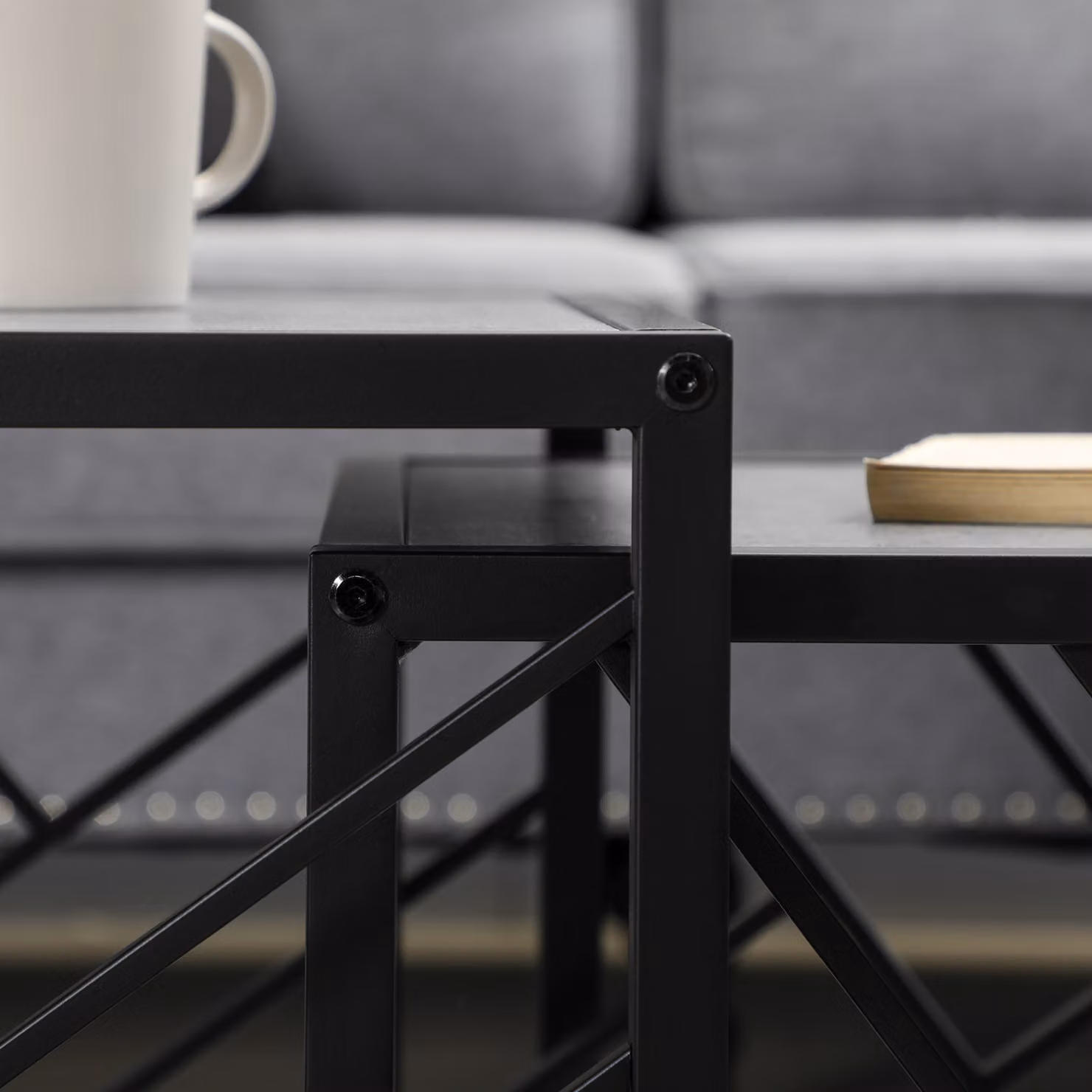 HOMCOM Set of 3 Square Nest of Tables with Black Metal Frame and Grey Composite Tops – 7