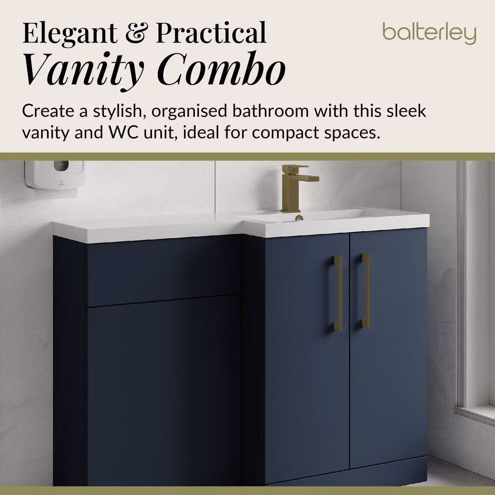 Balterley Modern Blue Right-Hand Vanity and WC Unit Combination with Brushed Brass Details, W: 110 cm, H: 84 cm – 3