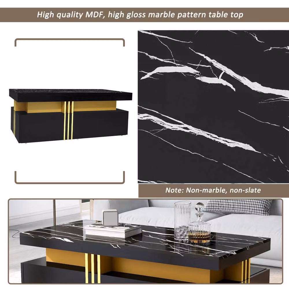 Rolipo Modern Black Marble Pattern Coffee Table with 2 Storage Drawers – 2