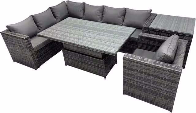 Fimous 7-Seater L-Shape Rattan Garden Furniture Set with Side Table and Upholstered Cushions in Dark Grey