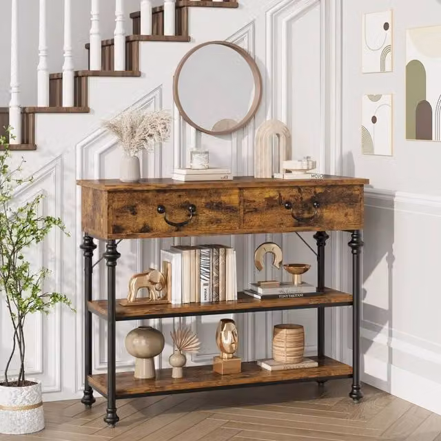 VOGREX Vintage Brown Wood Console Table with Drawers