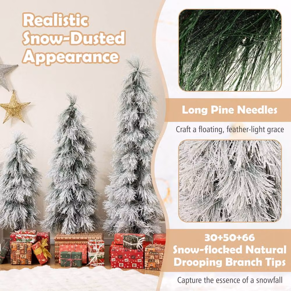 Gymax 3-Piece Pre-lit Snow Flocked Christmas Tree Set in Green and White – 7