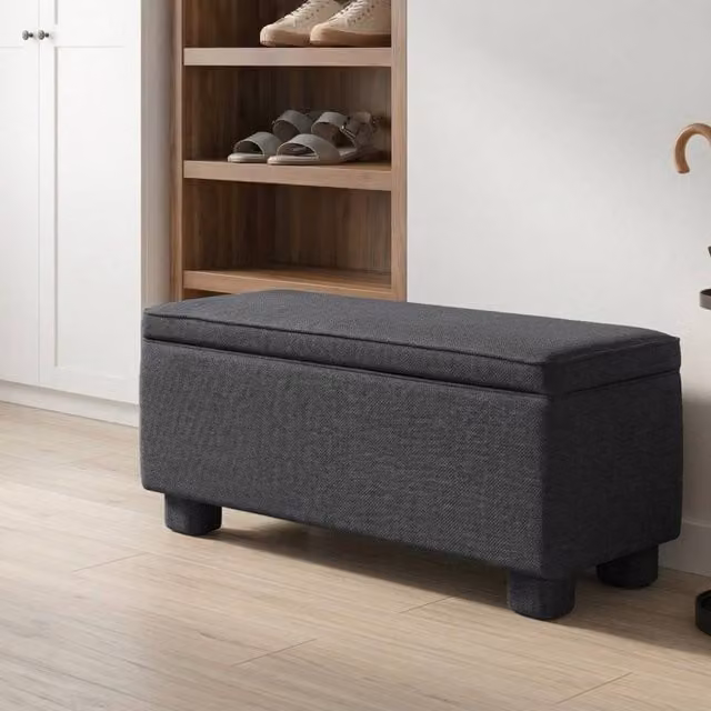 Wyld and Coco Grey Fabric Storage Bench with Lift-Up Top and Wooden Legs – 1