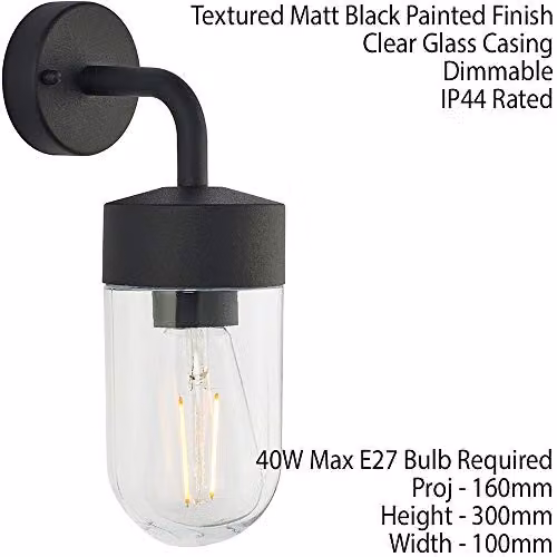 Loops IP44 Outdoor Wall Light, Black Stainless Steel and Transparent Glass Maritime Lantern, Dimmable – 2