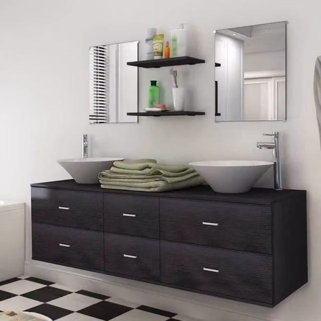 Berkfield Home Seven Piece Modern Black Bathroom Furniture and Basin Set with Wall Cabinet and Vanity Unit