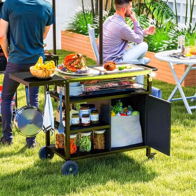 Outsunny Stainless Steel Outdoor Kitchen with Folding Side Table in Silver and Black