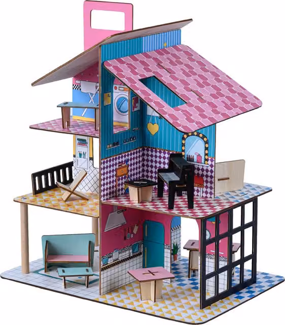 Teamson Kids 360 Pop Wooden Dollhouse in Multicolour with 12 Accessories, W: 36.0 cm, D: 13.0 cm, H: 13.0 cm