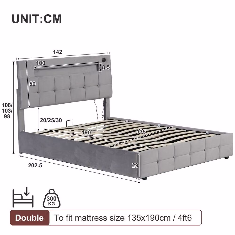 STILVORA Double Ottoman Bed with Under-Bed LED Lighting and USB Charging Ports in Grey Velvet – 3