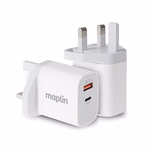 Maplin 35W 2 Port USB Wall Charger with 1x USB-A and 1x USB-C PD QC 3.0, White