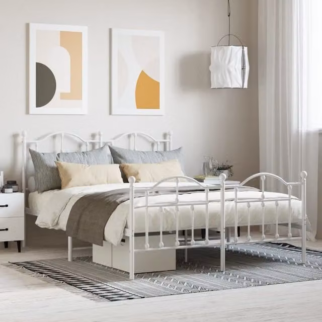 Berkfield Home Metal Bed Frame with Headboard and Footboard in White, W/D/H: 140 x 200 cm – 1