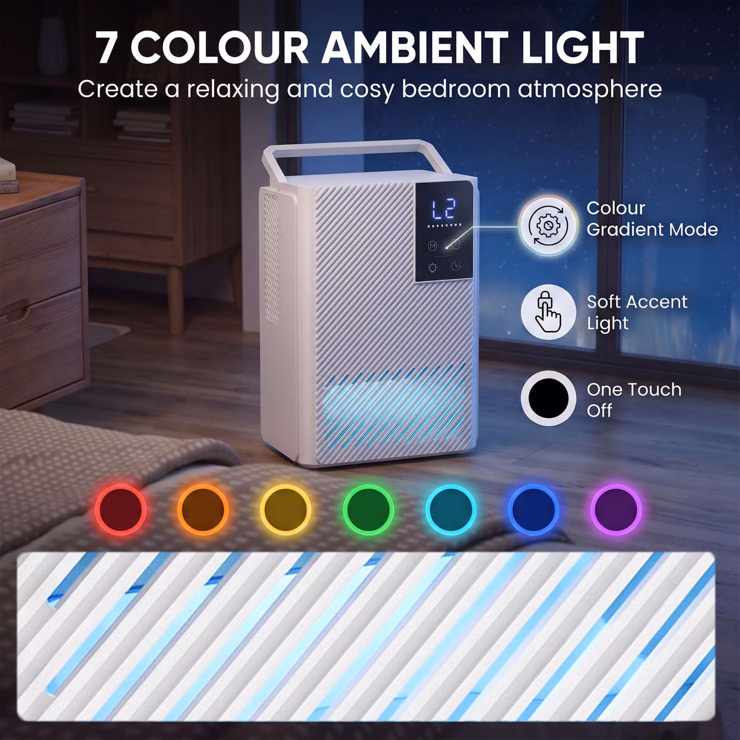 HOMCOM Small Dehumidifier with RGB Mood Lights, 24H Timer and LED Display, White – 3