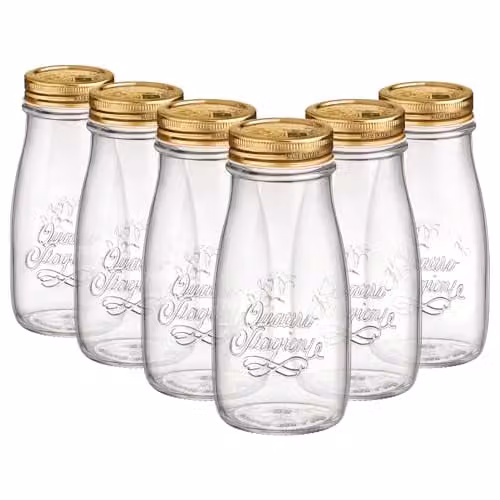 Bormioli Rocco Quattro Stagioni Glass Bottles with Screw Top Lids, Pack of 6, 400ml, Transparent and Gold – 1