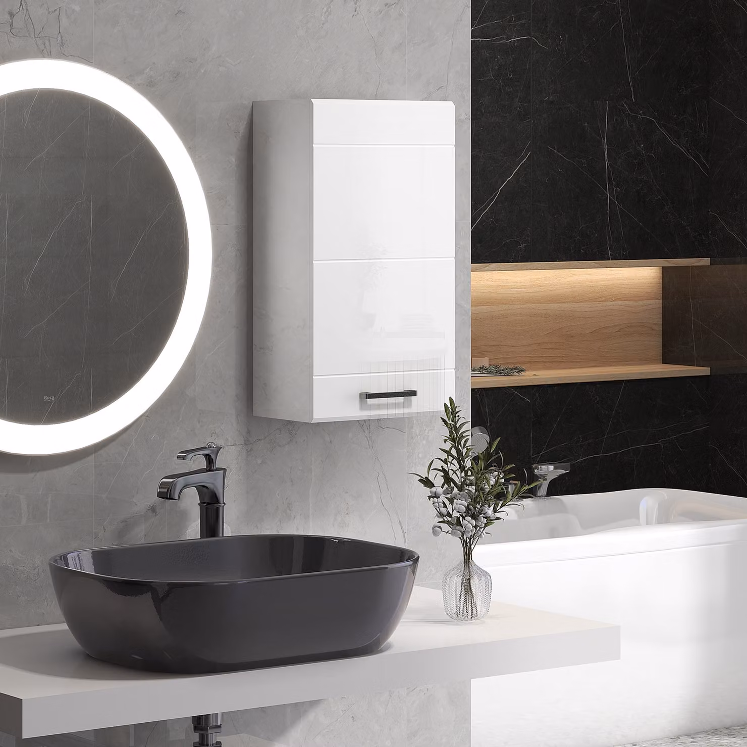 kleankin White High Gloss Bathroom Wall Cabinet with Soft-Close Doors and 3 Shelves – 2