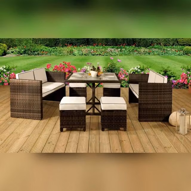 Comfy Living Ltd 7 Piece Modern Upholstered Rattan Garden Furniture Set in Brown and Cream – 1