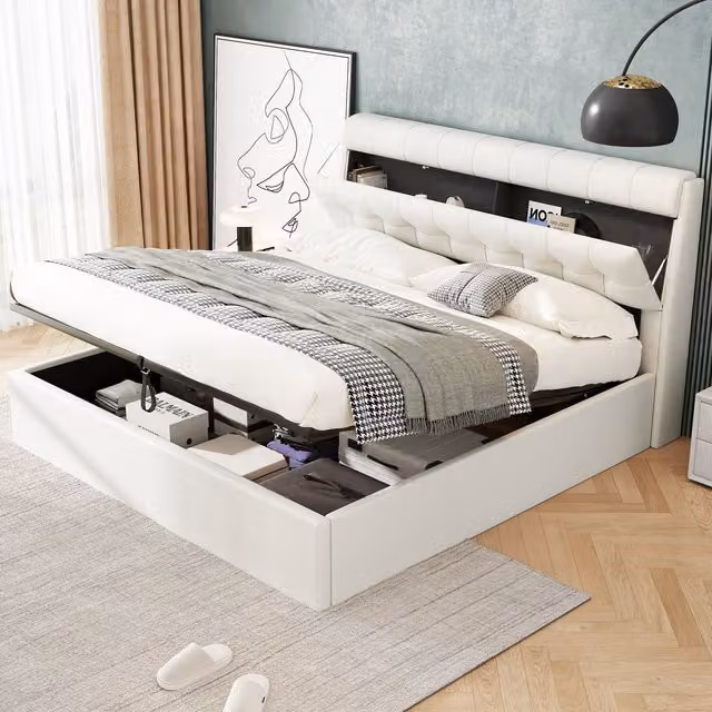Matteo Upholstered Synthetic Leather Bed with Hydraulic Lift-Up Storage in Beige or White, W/D/H: 150 x 200 cm