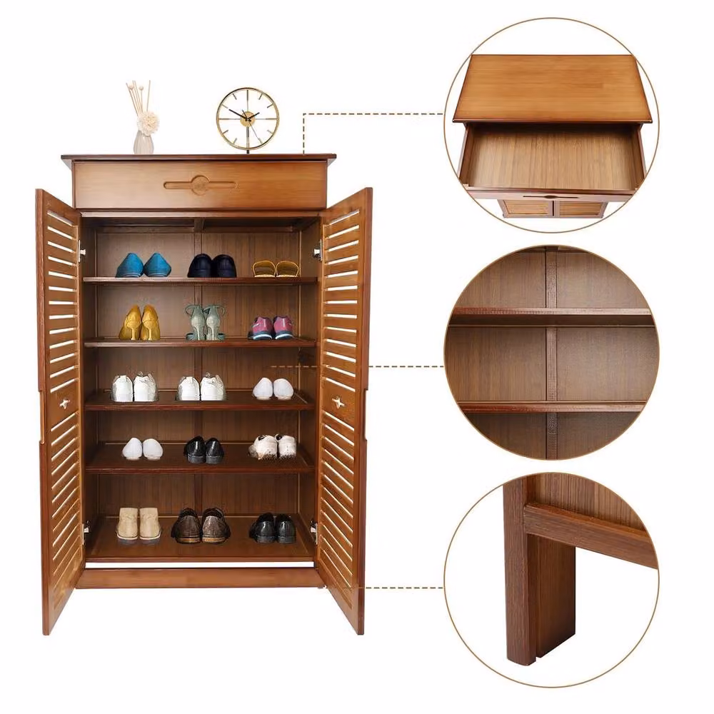 Kelvenix Modern Brown Bamboo Hallway Shoe Rack with Roll Shutter and Internal Drawers – 5