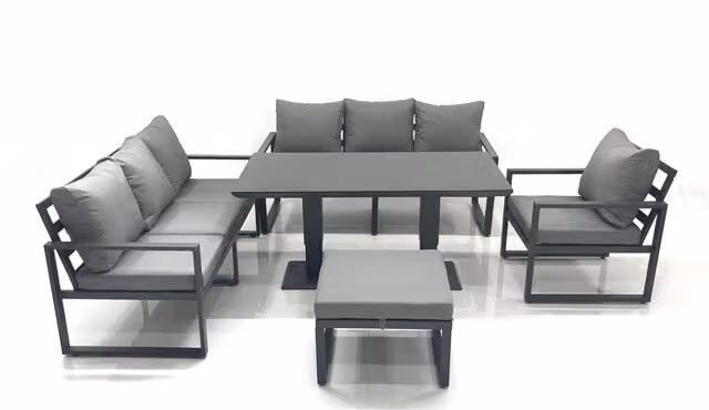 Fimous Outdoor Garden Furniture Set with Powder Coated Aluminium Lounge Sofa, Adjustable Height Dining Table and Large Footstool in Dark Grey
