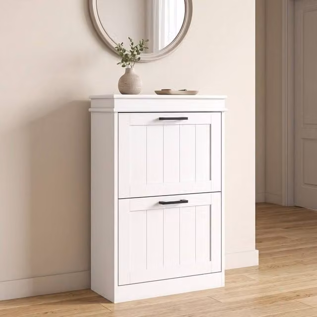 STILVORA Modern Matt White Shoe Cabinet with 2 Tilting Compartments and Internal Shelves – 1