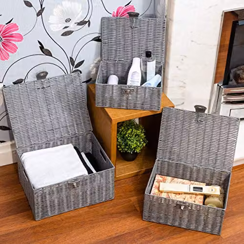 Arpan Set of 3 Resin Woven Storage Basket Boxes with Lid and Lock in Grey – 7