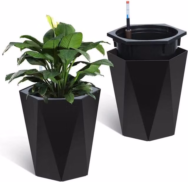 VOGREX Set of 2 Self-Watering Tall Resin Planters in Black – 1