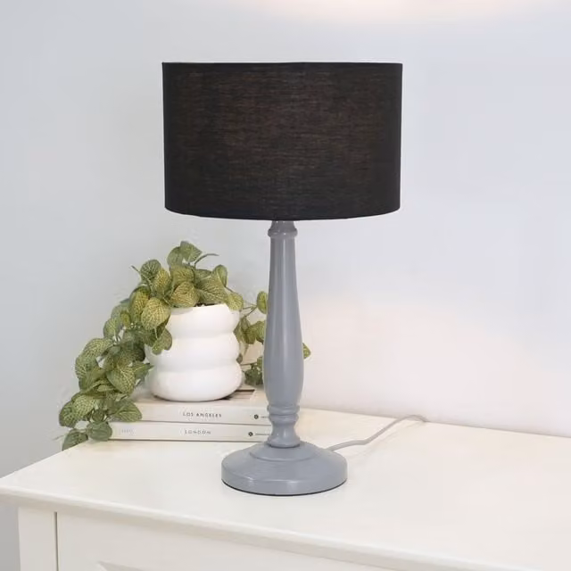 ValueLights Victoria Grey Table Lamp with Black Fabric Drum Shade