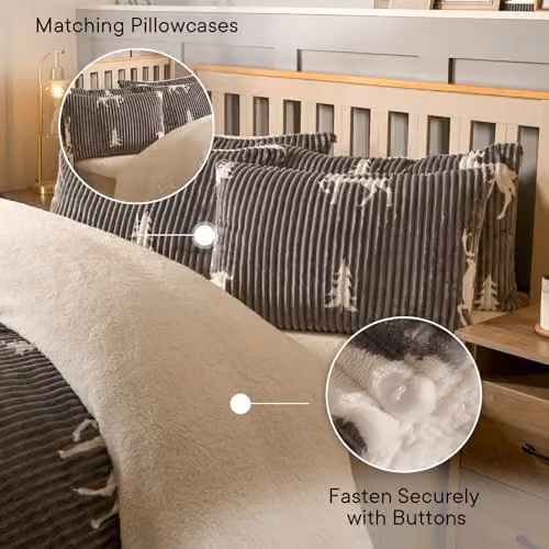 OHS Stag Print Chunky Ribbed Duvet Cover and Pillowcase Set, Grey, 200 x 200 cm – 2