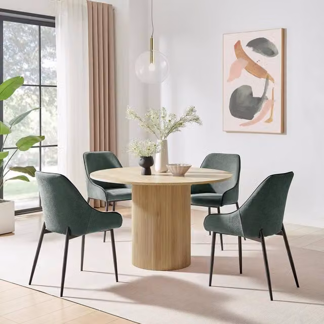 FurnitureboxUK Penrose Oak Effect Round Dining Table and 4 Beaumont Chairs in Green and Black