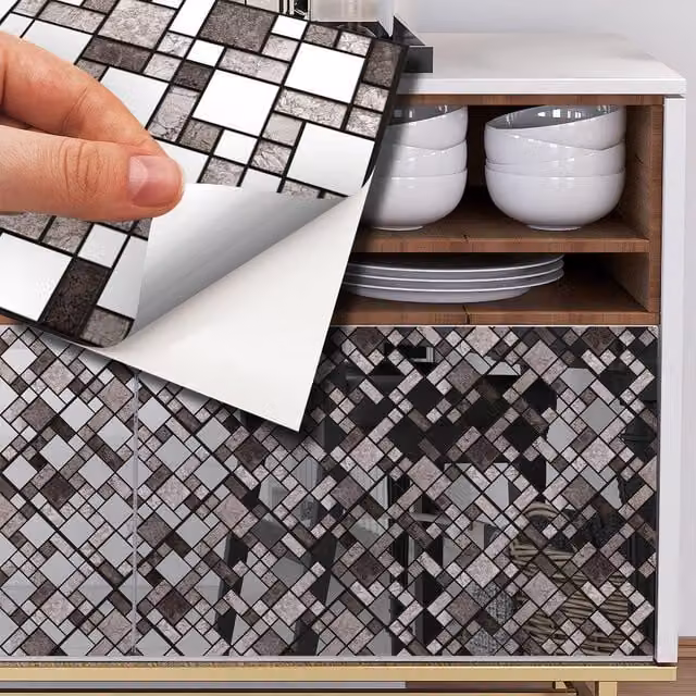 Walplus Grey and Silver Metallic Mosaic Wall Tile Stickers with Stone Look and Geometric Design for Kitchen and Bathroom