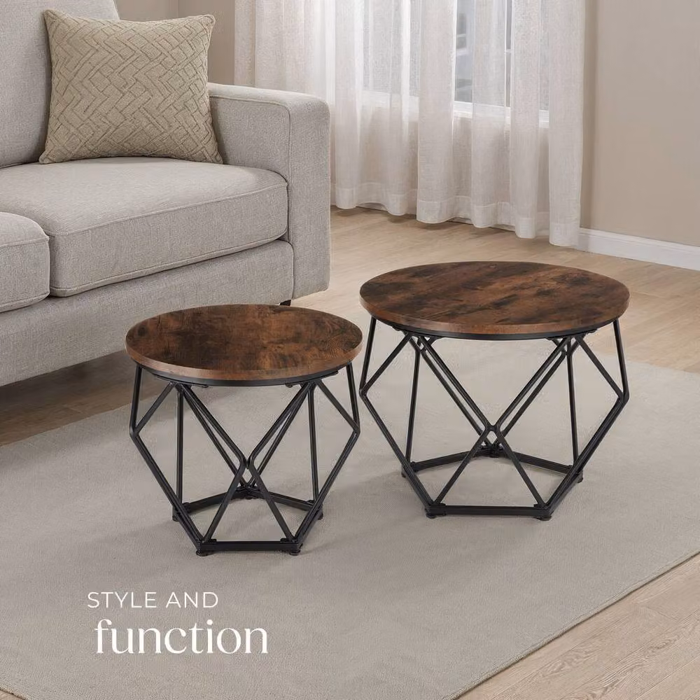 tectake Benham 2-Piece Round Nested Coffee Table Set in Brown and Black – 6
