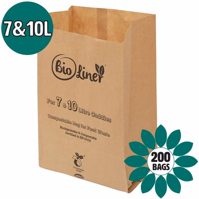 Bioliner Brown Compostable Paper Caddy Liners for 7 and 10L Bins, Medium, 200 Bags