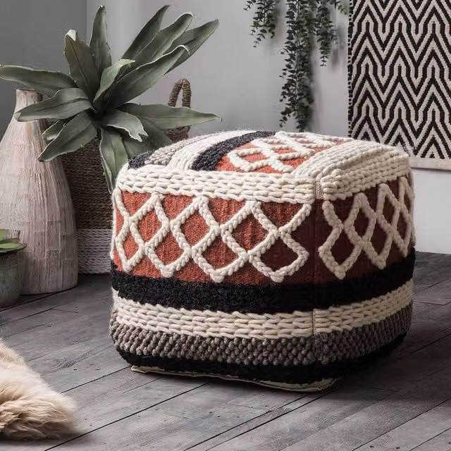 Wyld and Coco Multicolour Braided Macrame Pouffe in Cotton and Wool with Geometric Boho Design