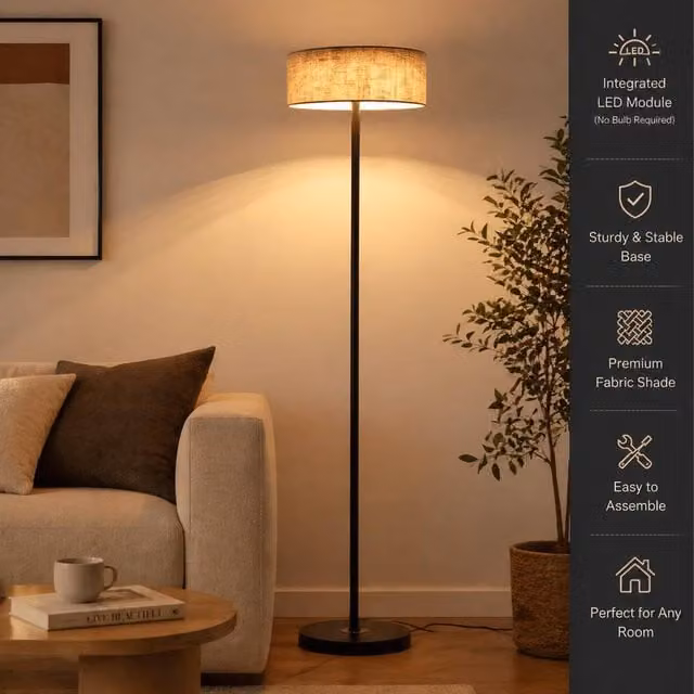 Kairui Lighting Dimmable LED Floor Lamp with Fabric Shade in Black and Gold/Brass, H: 150 cm