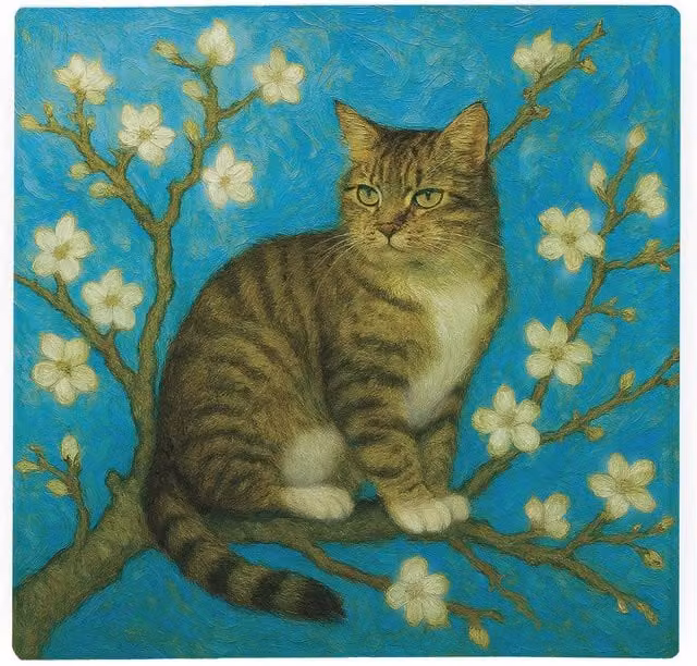 Purely Home Van Gogh Almond Blossoms Tabby Cat Large Square Glass Worktop Protector and Chopping Board in Blue