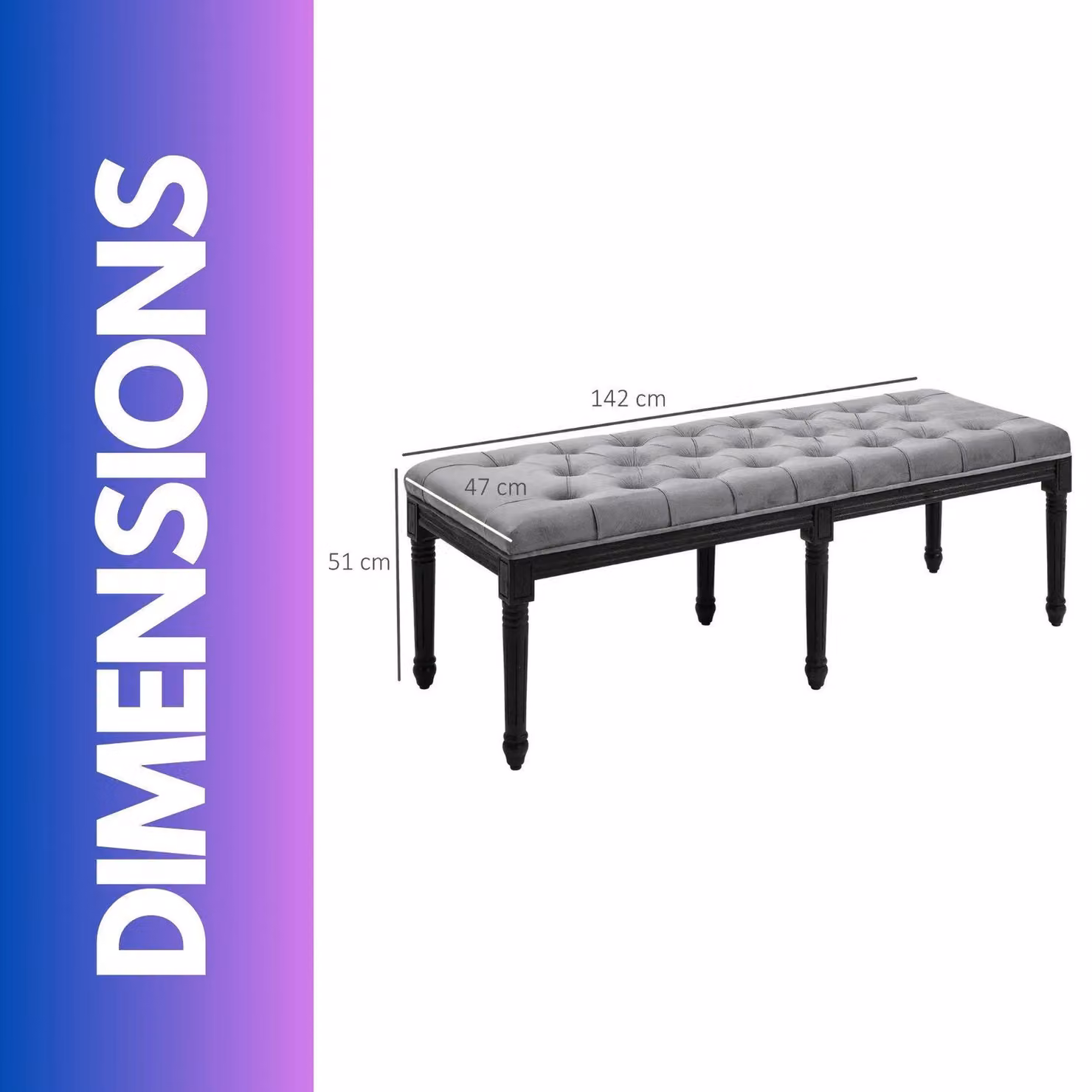 FURNOS Grey Tufted Velvet Accent Bench with Upholstered Wood Frame, W: 150.0 cm, D: 51.0 cm, H: 47.0 cm – 3