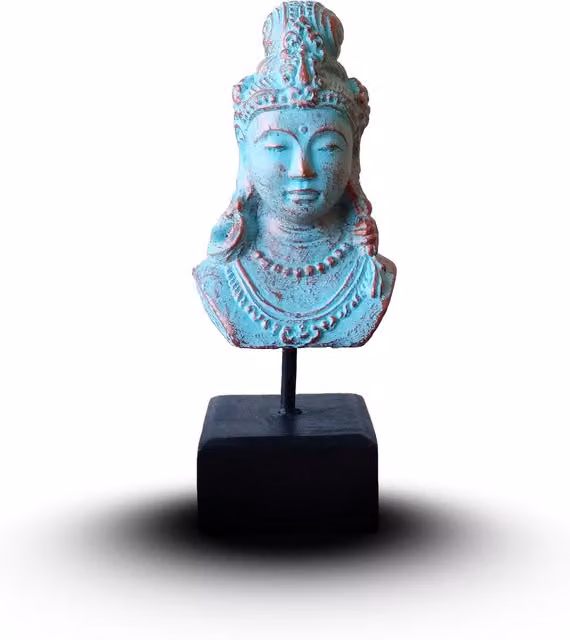 KDMD Lucky Java Princess Tabletop Ornament on Stand in Antique Green Copper and Turquoise Metal