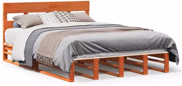 Berkfield Home Solid Wood Pine Bed Frame in Waxed Brown, W/D/H: 140 x 190 cm