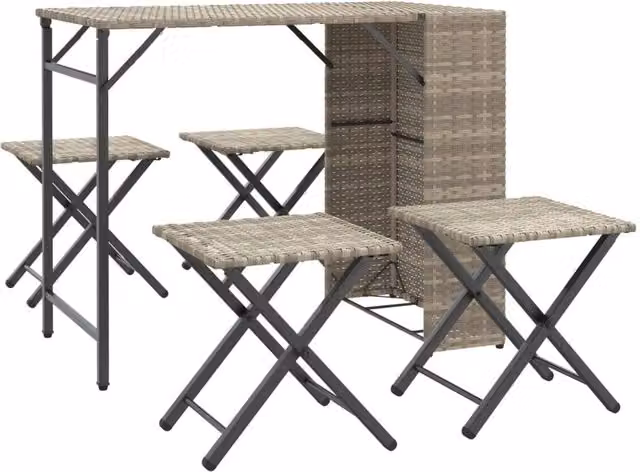 Berkfield Home 5 Piece Foldable Garden Dining Set in Light Grey Poly Rattan and Metal