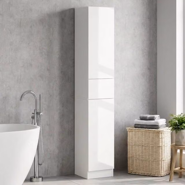 STILVORA Modern Glossy White Freestanding Tall Bathroom Cabinet with Internal Drawers and Shelves, H: 170 cm, W: 30 cm – 1