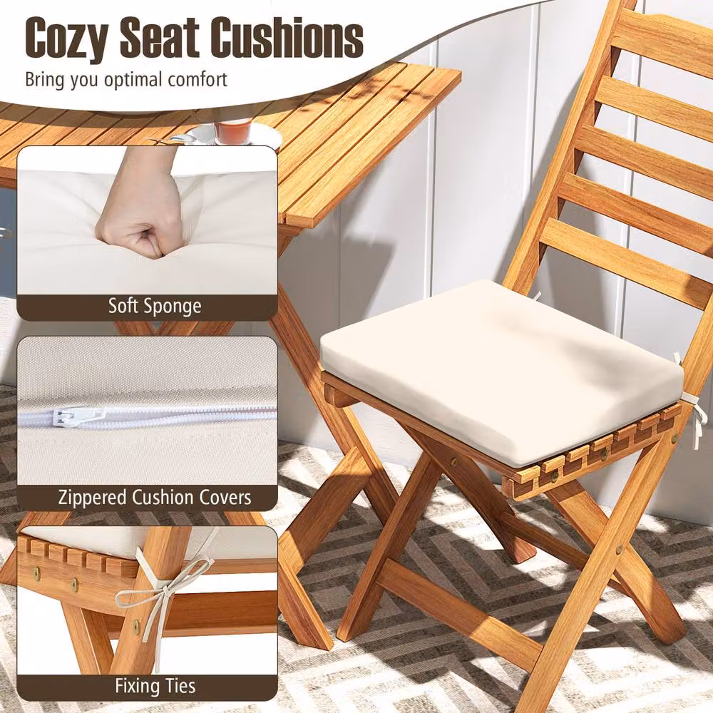 Costway Acacia Wood Folding Bistro Set with Cushions in Natural Brown – 4