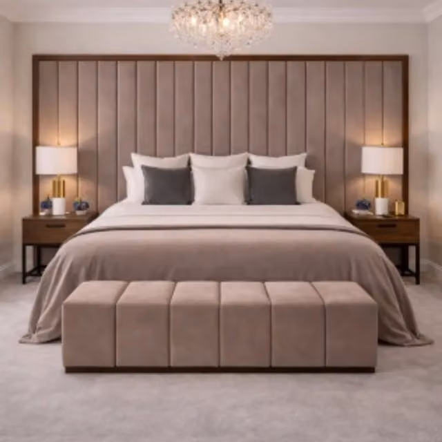 HOB Furniture Denver Linear Upholstered Bed with Footstool in Brown, King Size (180 x 200 cm)