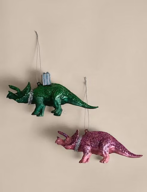 M&S 2 Pack Multicolour Glitter Dinosaur Christmas Baubles for Children