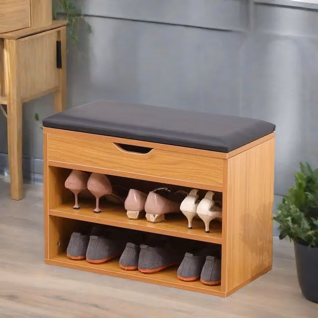 Rafaelo Mobilia Wooden Shoe Storage Bench with Synthetic Leather Cushioned Seat in Light Tan, W/D/H: 60 x 30 x 45 cm