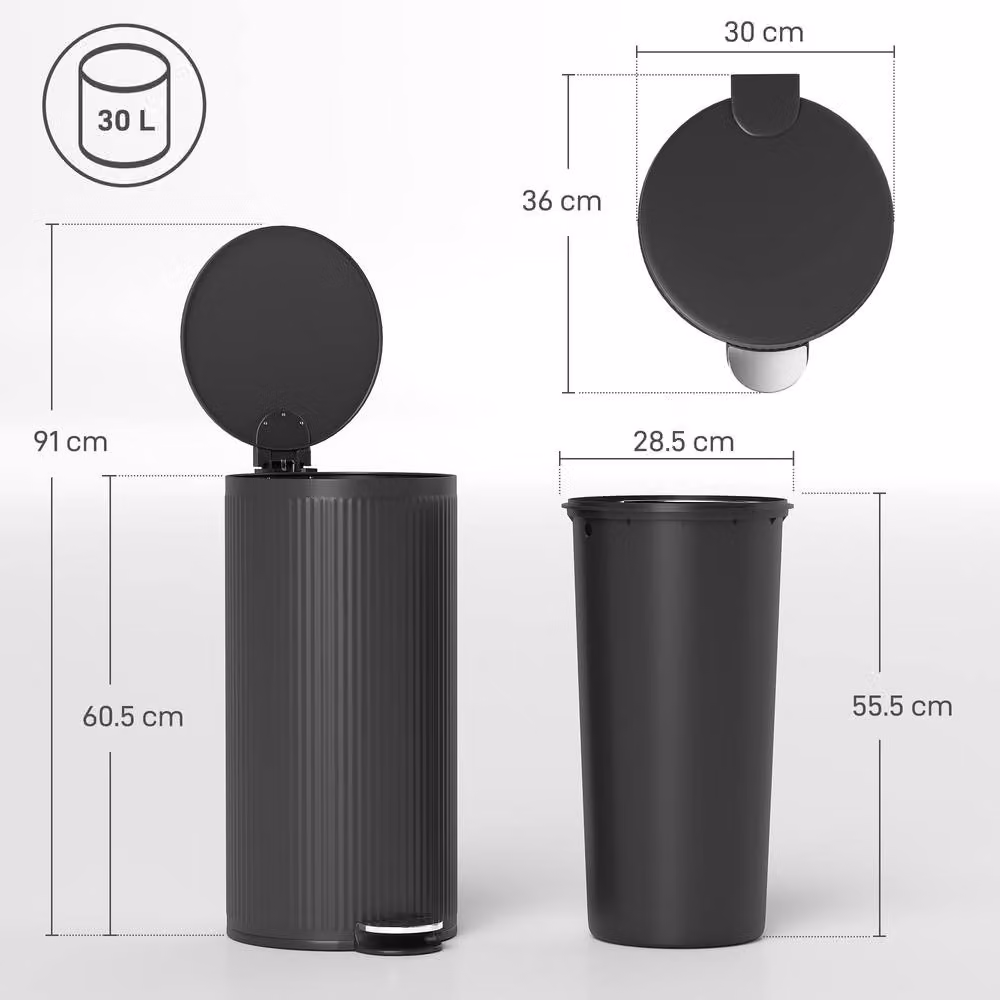 HOMCOM 30L Black Pedal Kitchen Bin with Removable Inner Bucket and Soft Close Function – 3