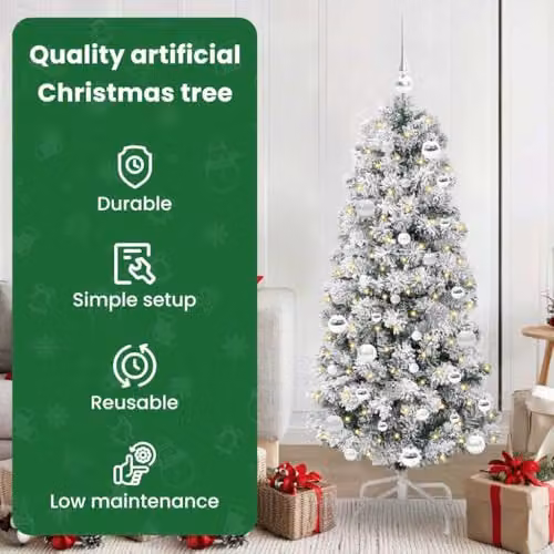 vidaXL Artificial Hinged Christmas Tree in Green, White and Silver, Height: 150 cm – 4