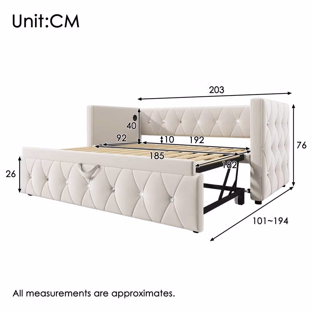 Rolipo Beige Velvet Single Daybed with Pull Out Trundle and USB Charging Port, W/D/H: 90 x 190 x 76 cm – 2