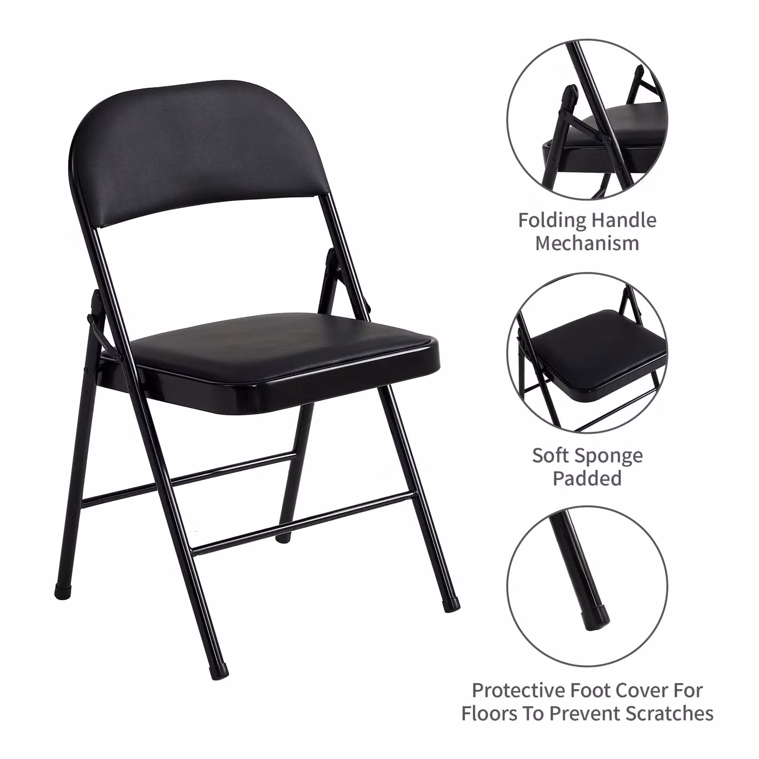MCC Direct Single Folding Dining Chair with Black Synthetic Leather Padded Seat and Metal Frame – 2