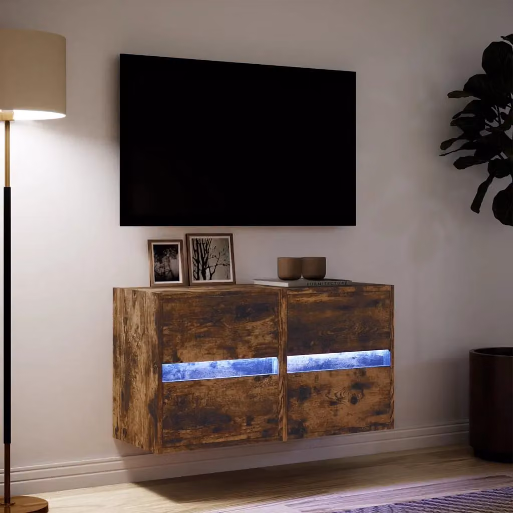 Berkfield Home Set of 2 Wall Mounted TV Cabinets with LED Lighting in Smoked Oak Brown, W/D/H: 41 x 31 x 45 cm – 4