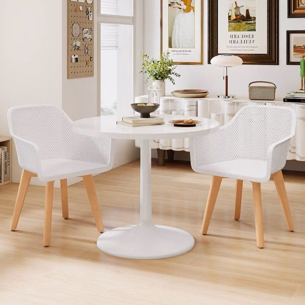 Gymax Set of 2 White Plastic Armchairs with Hollow Backrest and Beech Wood Legs – 3